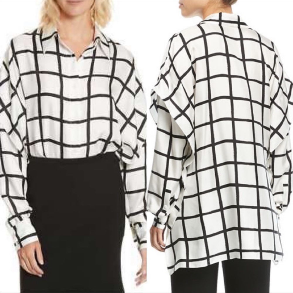 Diane von Furstenburg Silk Black White Windowpane Blouse Size Medium